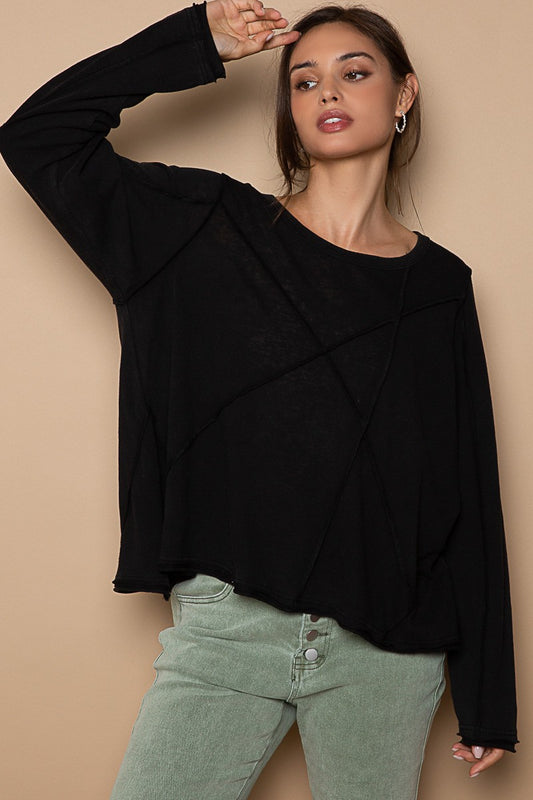 POL Frayed Edge Exposed Seam Basic Long Sleeve Top