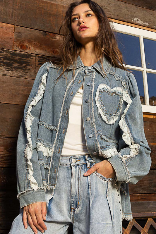 POL Heart Shaped Ruffle Trim Long Sleeve Denim Jacket - Roulhac Fashion Boutique