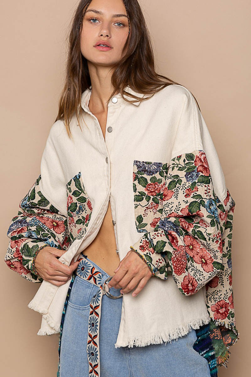 POL Oversized Jacquard Raglan Sleeve Button Down Shacket Jacket