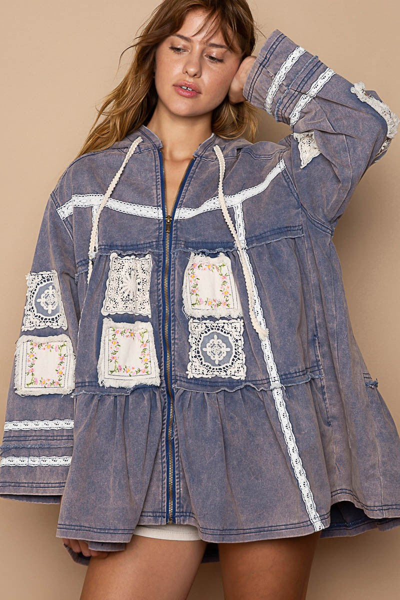 POL Vintage Washed Embroidered Patch Flared Flared Body Hoodie Jacket - Roulhac Fashion Boutique