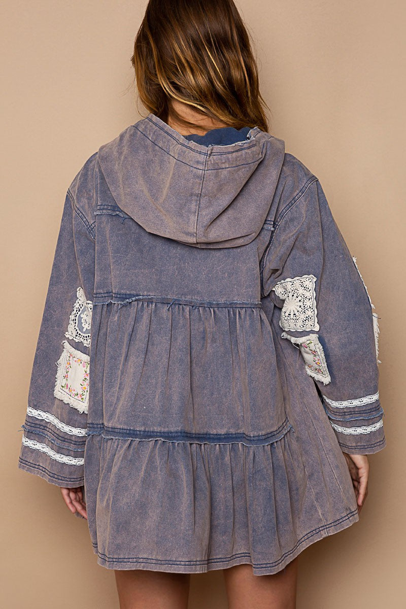 POL Vintage Washed Embroidered Patch Flared Flared Body Hoodie Jacket - Roulhac Fashion Boutique