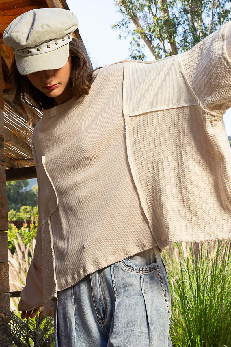 POL Mixed Oversize Cut Sew Fabric Round Neck Top