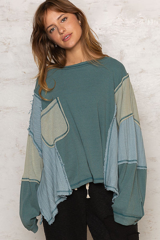 POL Mixed Oversize Cut Sew Fabric Round Neck Top