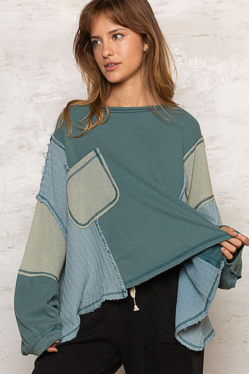 POL Mixed Oversize Cut Sew Fabric Round Neck Top