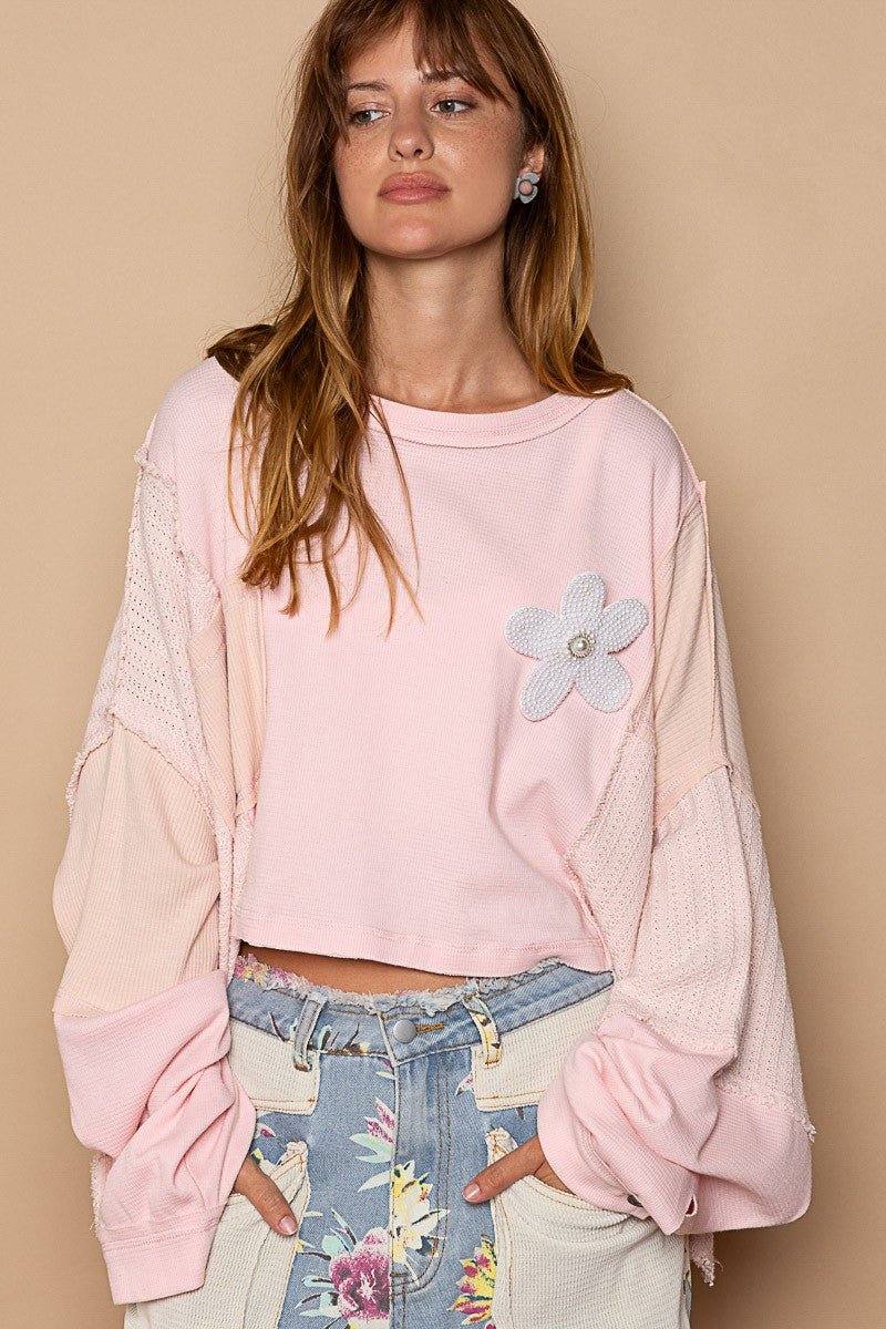 POL Mixed Oversize Cut Sew Fabric Round Neck Top