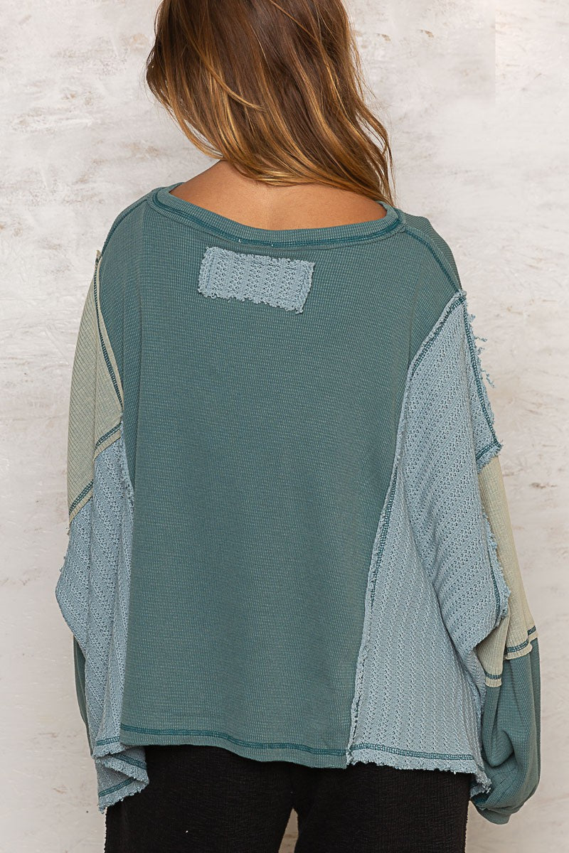 POL Mixed Oversize Cut Sew Fabric Round Neck Top