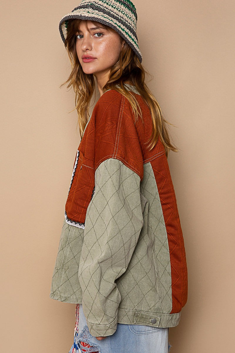 POL Button Down V-Neck Regular Fit Quilted Patch Jacket - Roulhac Fashion Boutique