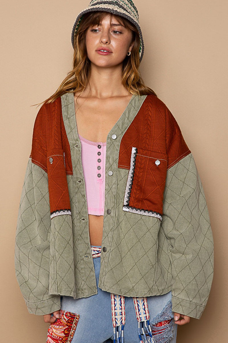 POL Button Down V-Neck Regular Fit Quilted Patch Jacket - Roulhac Fashion Boutique