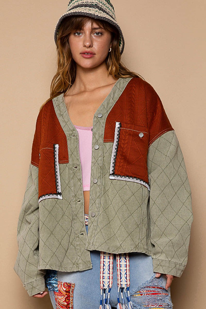 POL Button Down V-Neck Regular Fit Quilted Patch Jacket - Roulhac Fashion Boutique