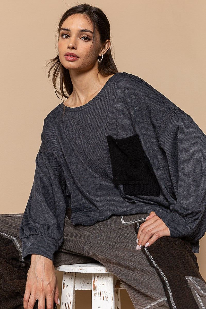 POL Vintage Washed Pocket Detail Balloon Sleeve Top