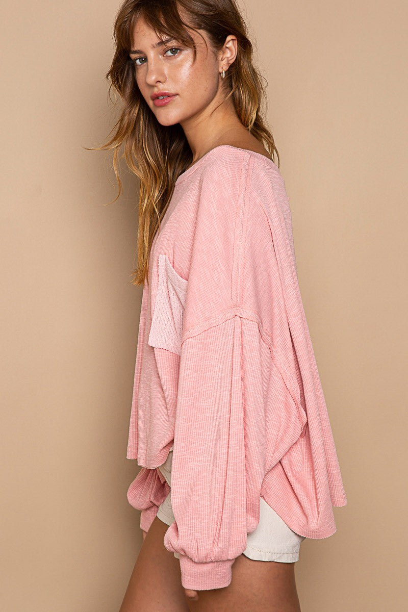 POL Vintage Washed Pocket Detail Balloon Sleeve Top