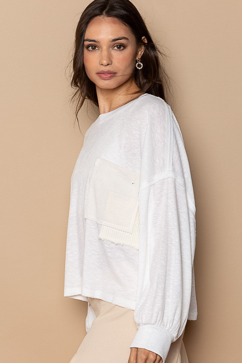 POL Vintage Washed Pocket Detail Balloon Sleeve Top