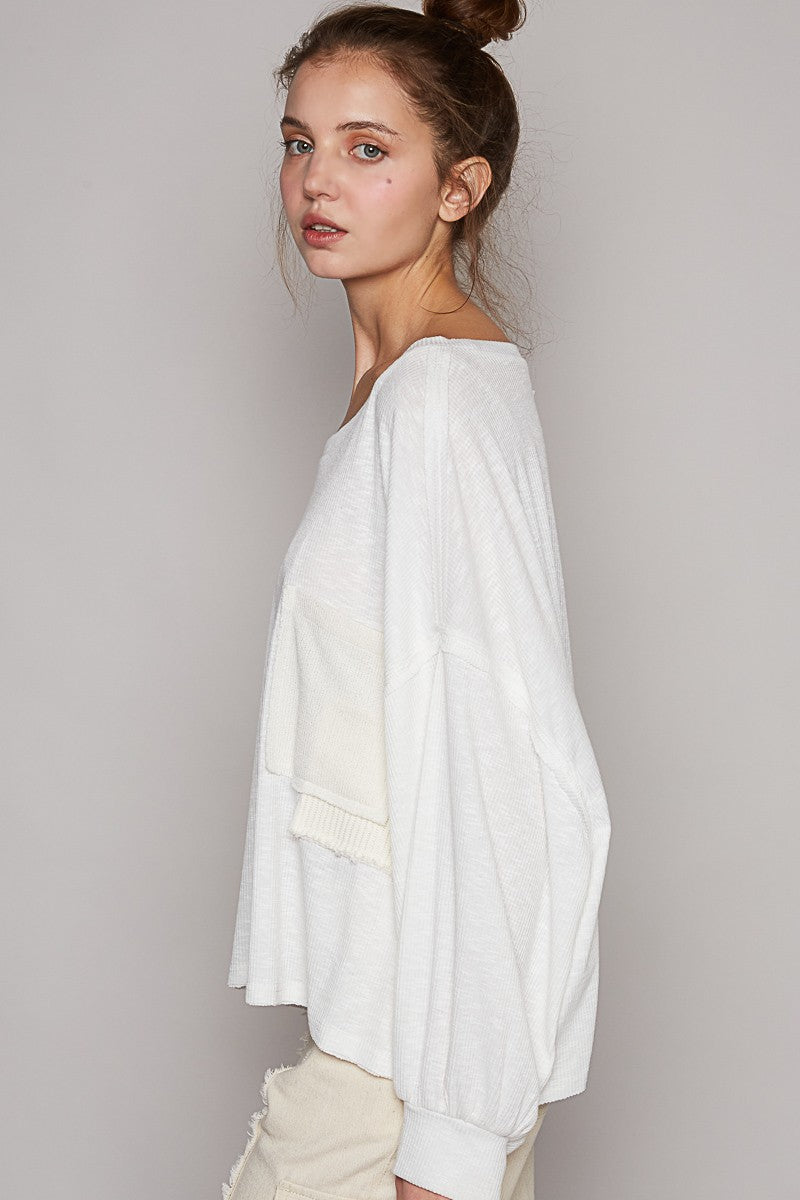 POL Vintage Washed Pocket Detail Balloon Sleeve Top