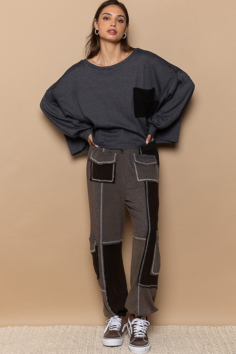 POL Vintage Washed Pocket Detail Balloon Sleeve Top