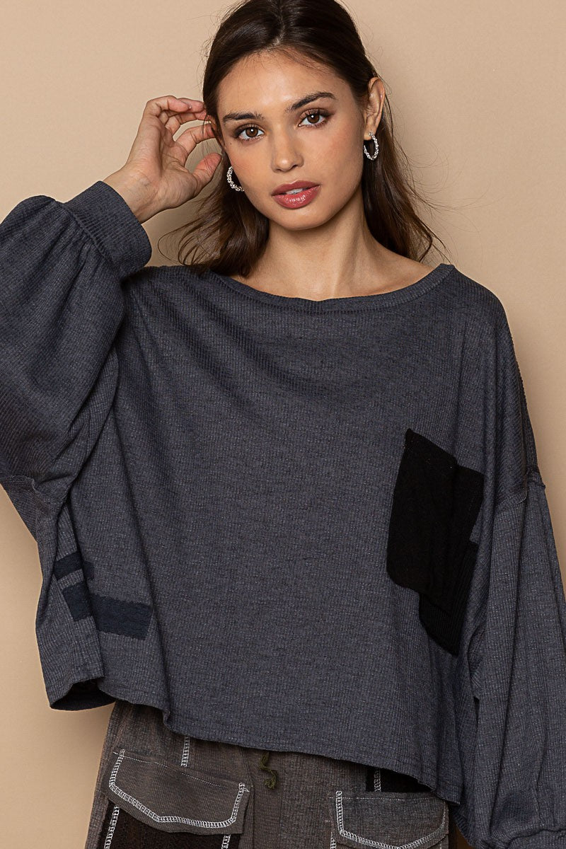 POL Vintage Washed Pocket Detail Balloon Sleeve Top