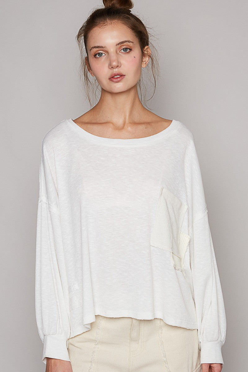 POL Vintage Washed Pocket Detail Balloon Sleeve Top