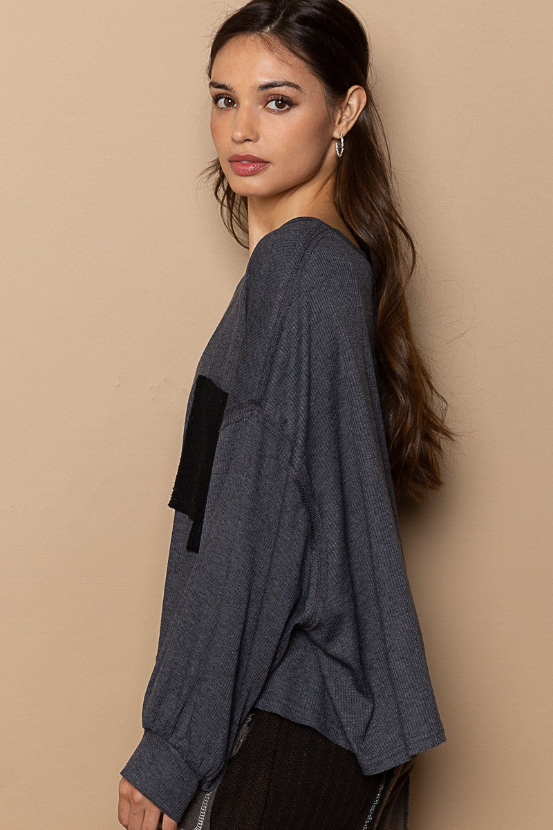 POL Vintage Washed Pocket Detail Balloon Sleeve Top