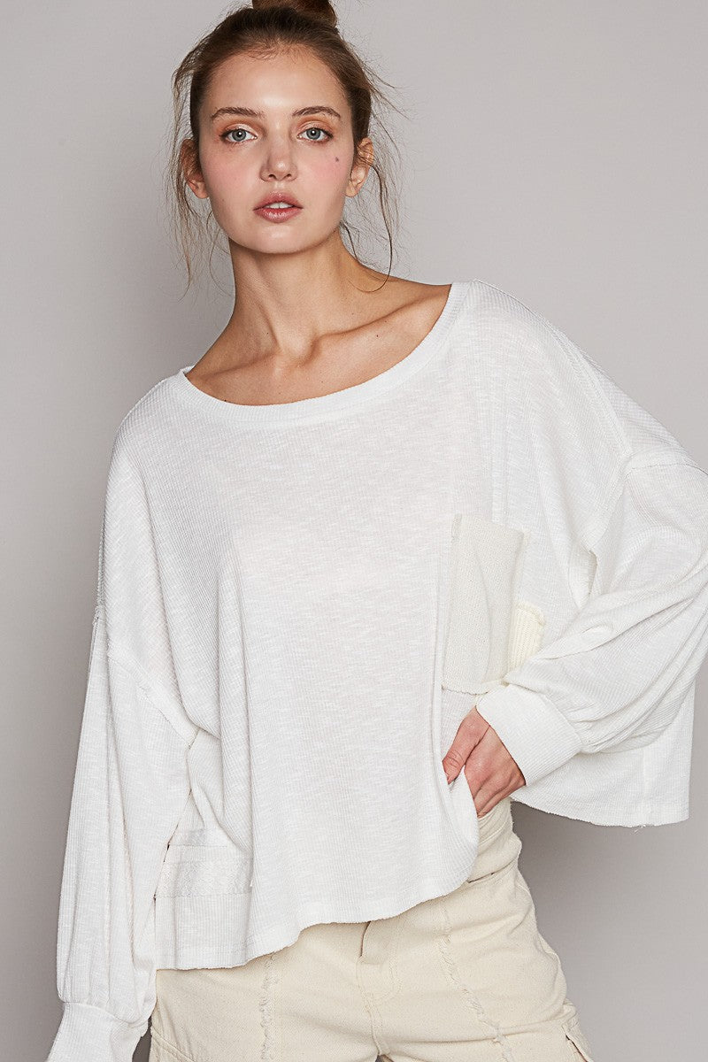 POL Vintage Washed Pocket Detail Balloon Sleeve Top