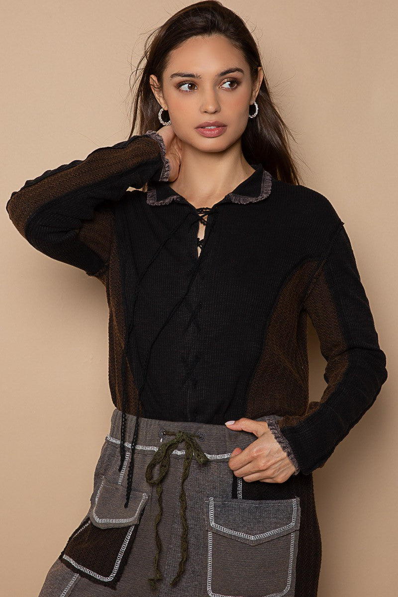 POL Collar Round Neck Front Lace Up Sweater Top