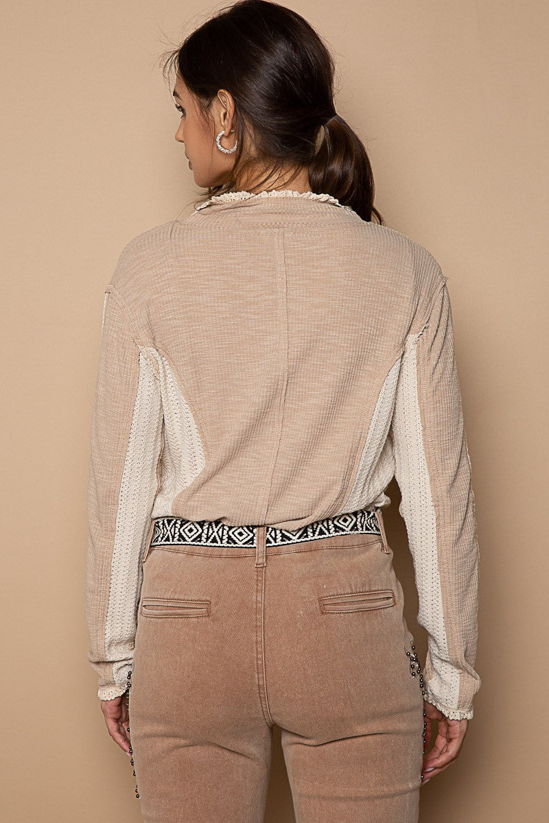 POL Collar Round Neck Front Lace Up Sweater Top