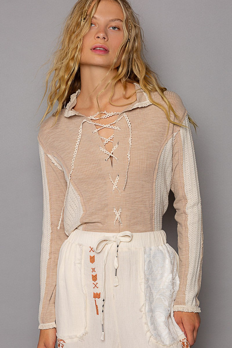 POL Collar Round Neck Front Lace Up Sweater Top