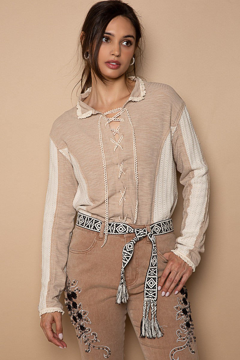 POL Collar Round Neck Front Lace Up Sweater Top