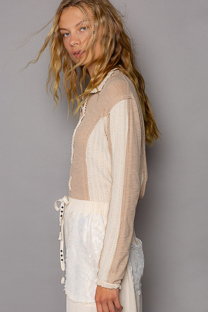 POL Collar Round Neck Front Lace Up Sweater Top