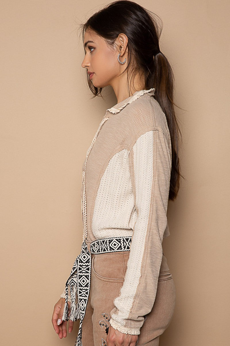 POL Collar Round Neck Front Lace Up Sweater Top