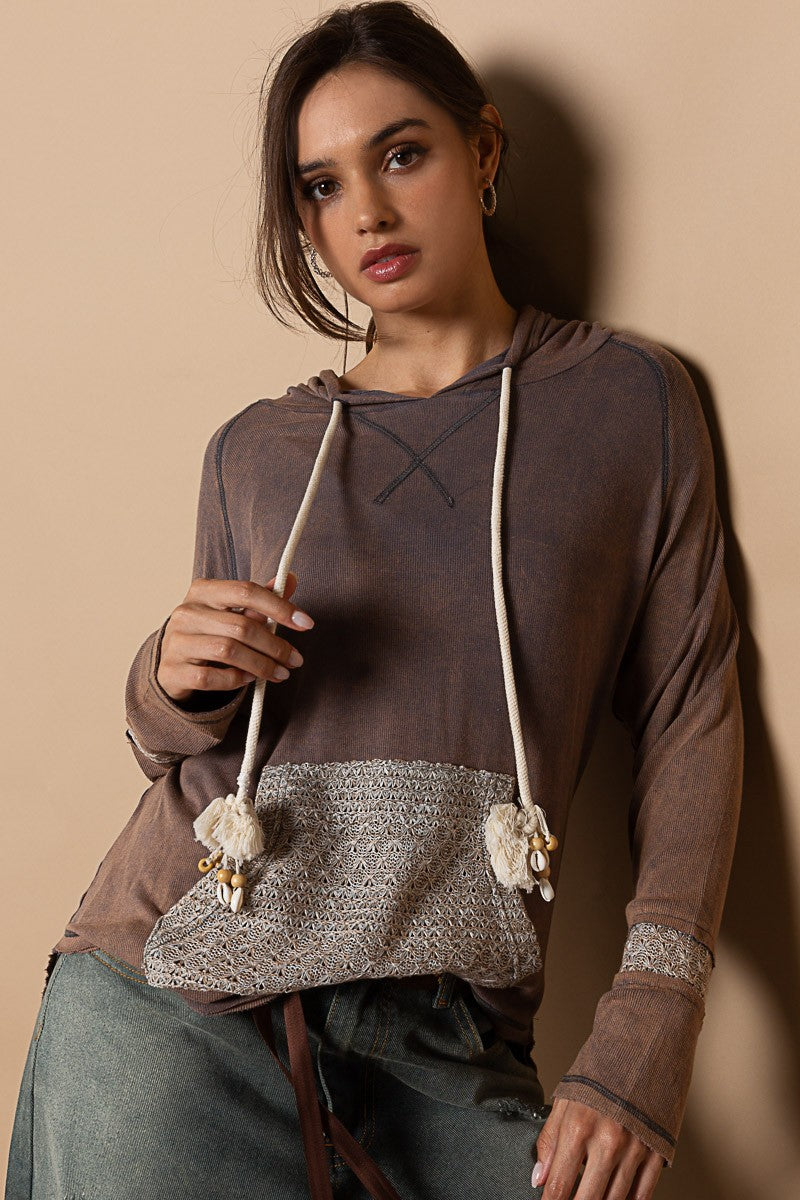 POL Vintage Washed Cut Sew Kangaroo Pocket Tassel Top