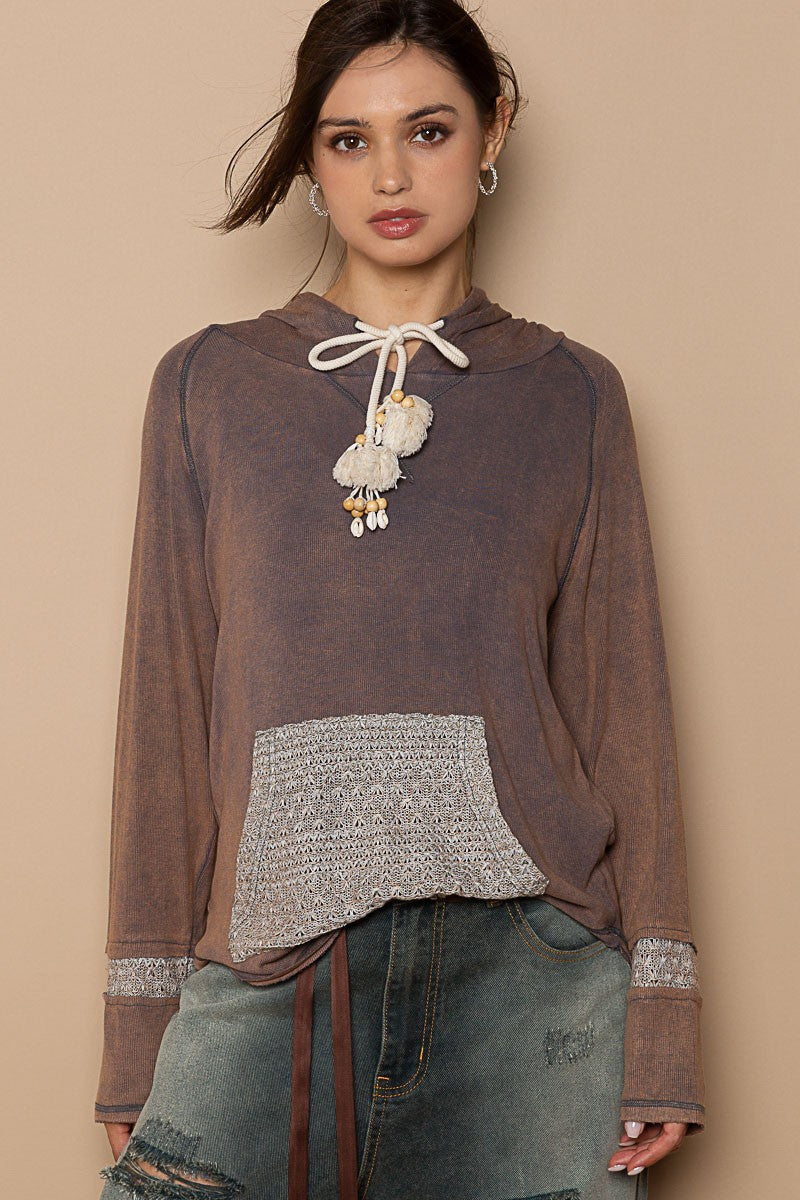 POL Vintage Washed Cut Sew Kangaroo Pocket Tassel Top