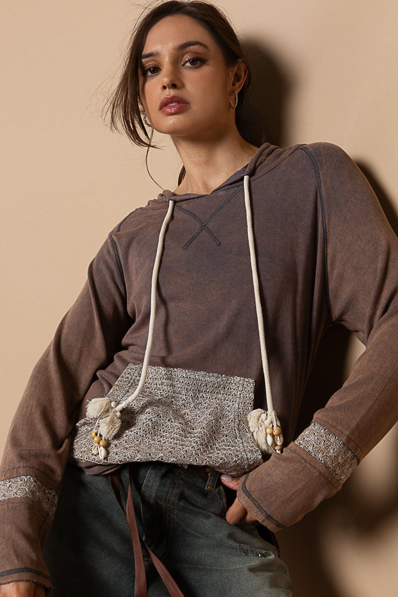 POL Vintage Washed Cut Sew Kangaroo Pocket Tassel Top