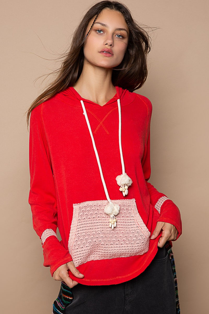 POL Vintage Washed Cut Sew Kangaroo Pocket Tassel Top