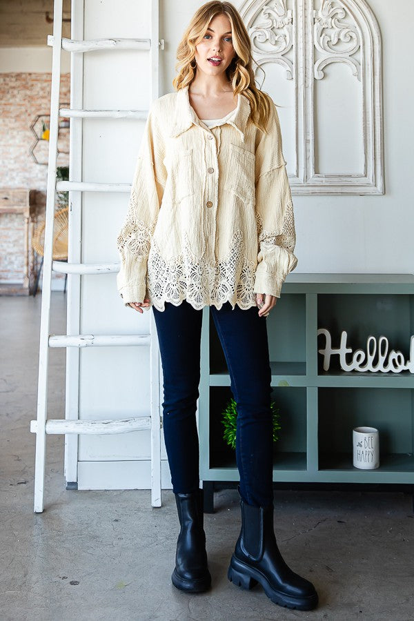Oli & Hali Washed Lace Mixed Buttondown Shirt Top