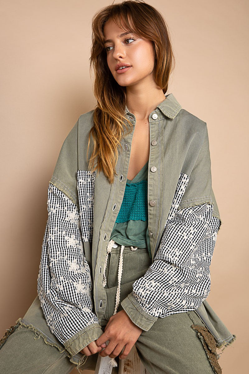 POL Twill Longsleeve Embroidered Check Pattern Raglan Jacket - Roulhac Fashion Boutique