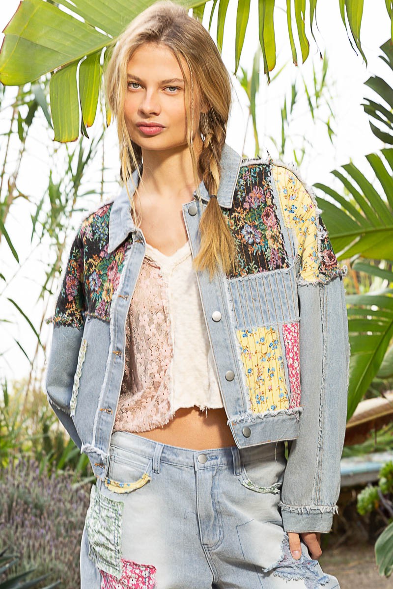 POL Long Sleeve Floral Patchwork Relaxed Fit Denim Jacket - Roulhac Fashion Boutique