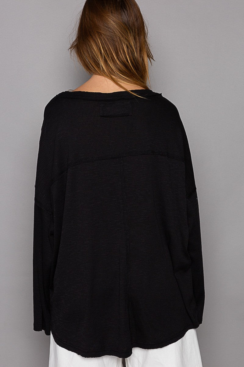 POL Oversize V-Neck Long Sleeve Solid Basic Top