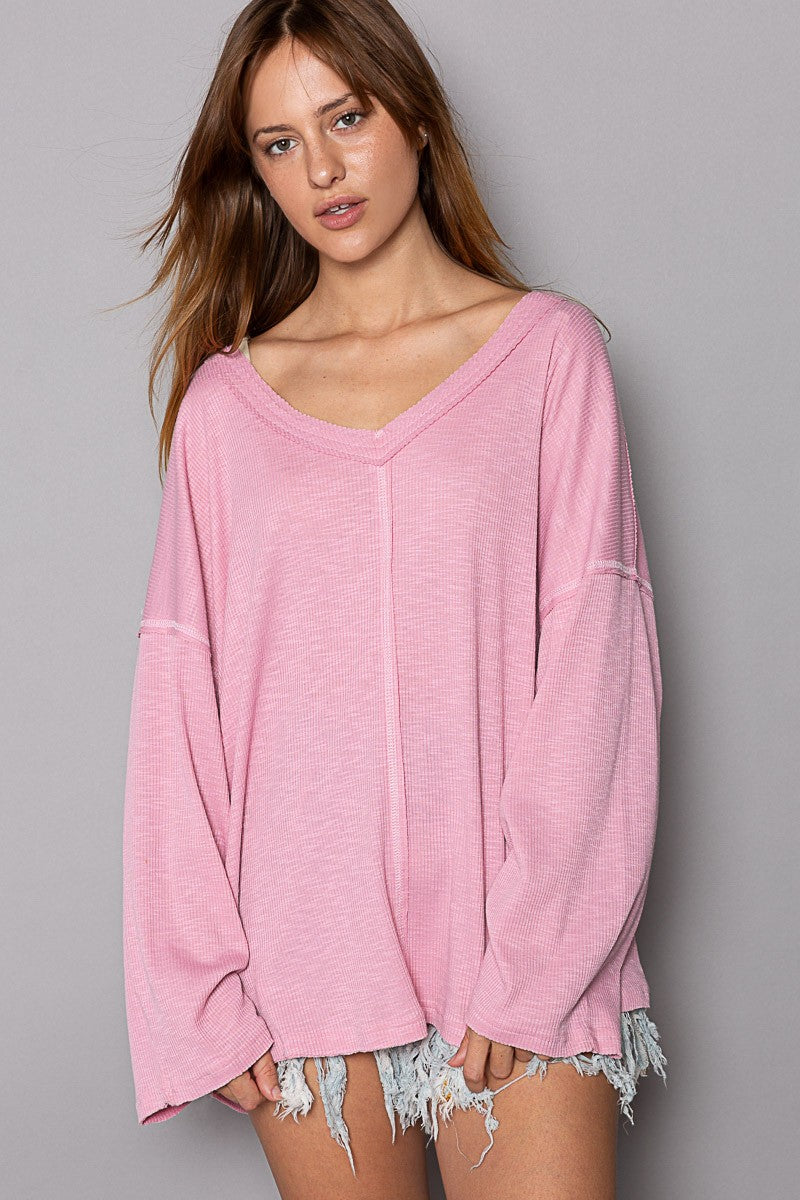 POL Oversize V-Neck Long Sleeve Solid Basic Top