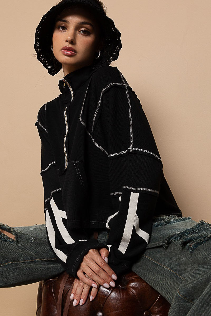 POL High Neck Zipper Front Long Sleeve Crop Top