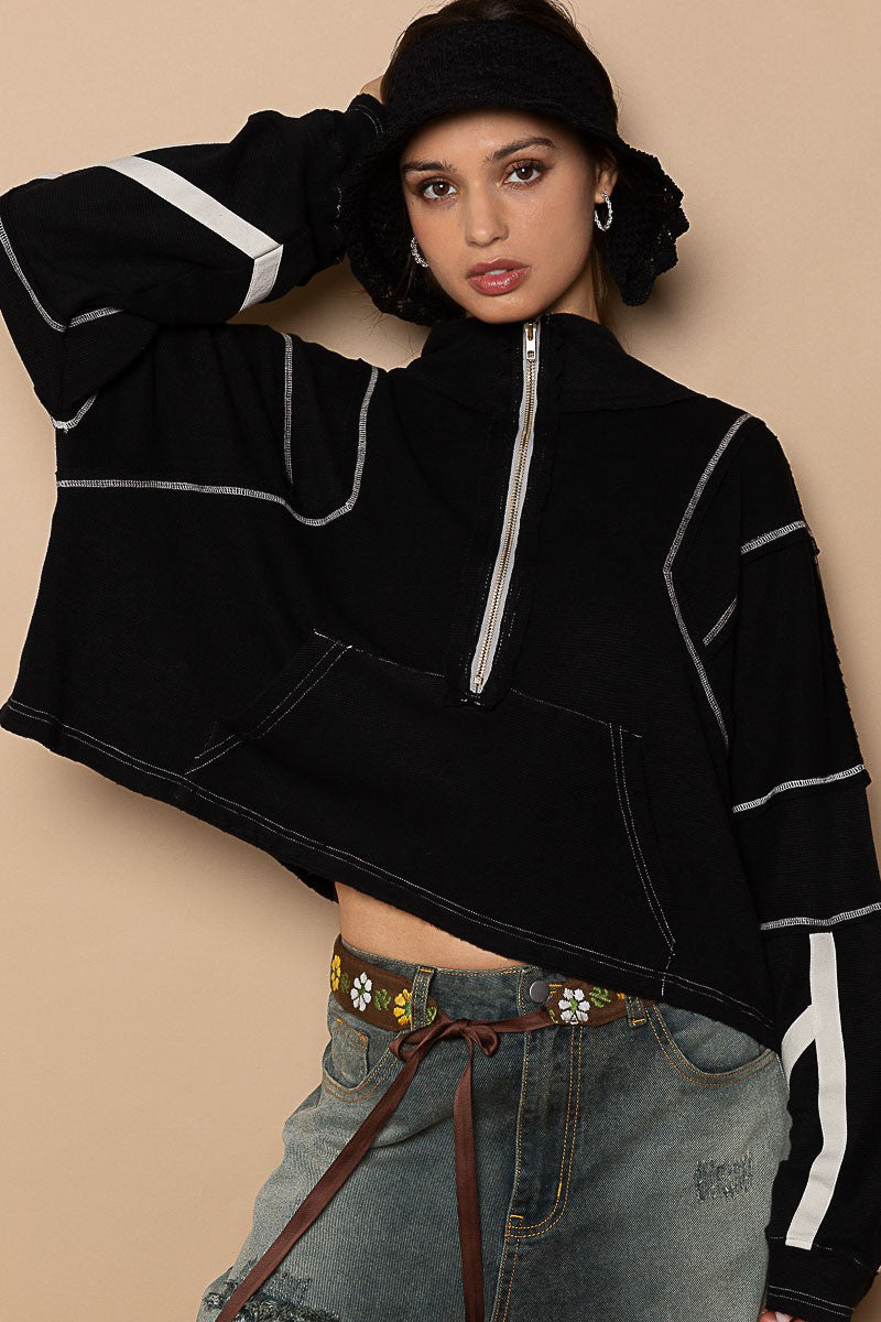 POL High Neck Zipper Front Long Sleeve Crop Top