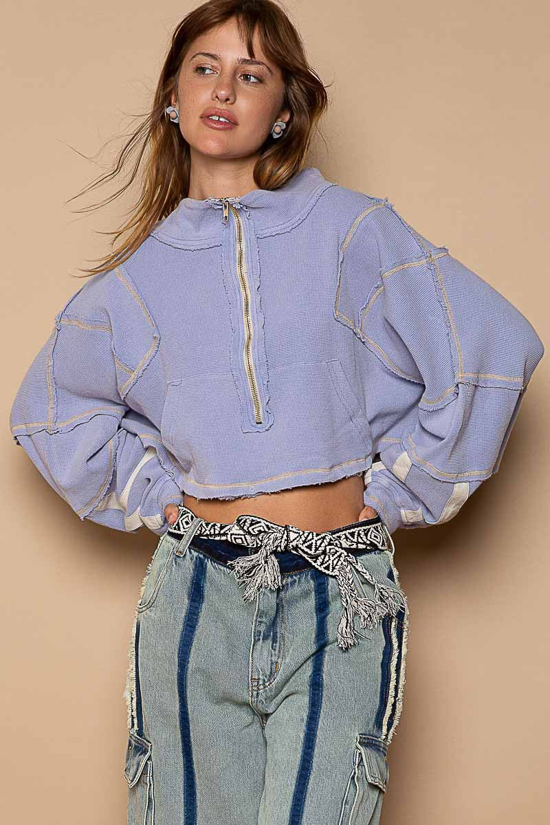 POL High Neck Zipper Front Long Sleeve Crop Top
