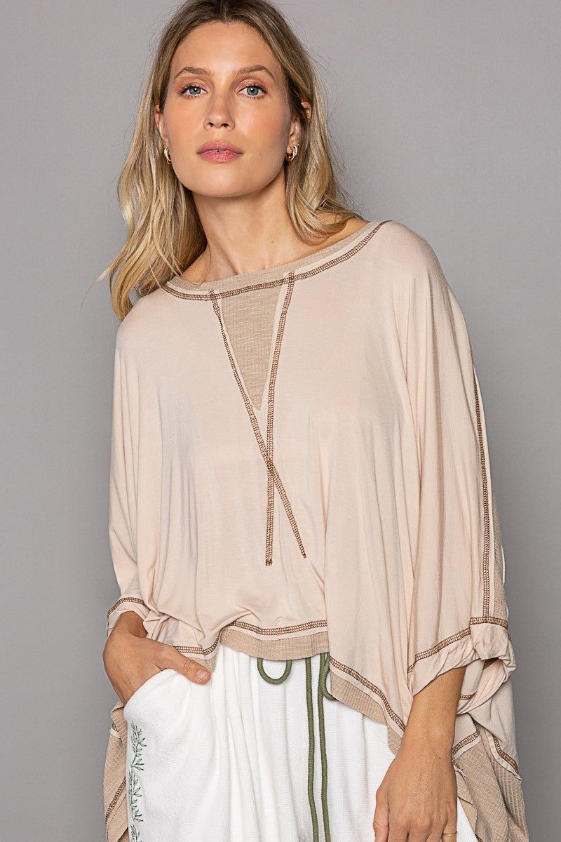 POL Oversized Round Neck Contrast Color Knit Top