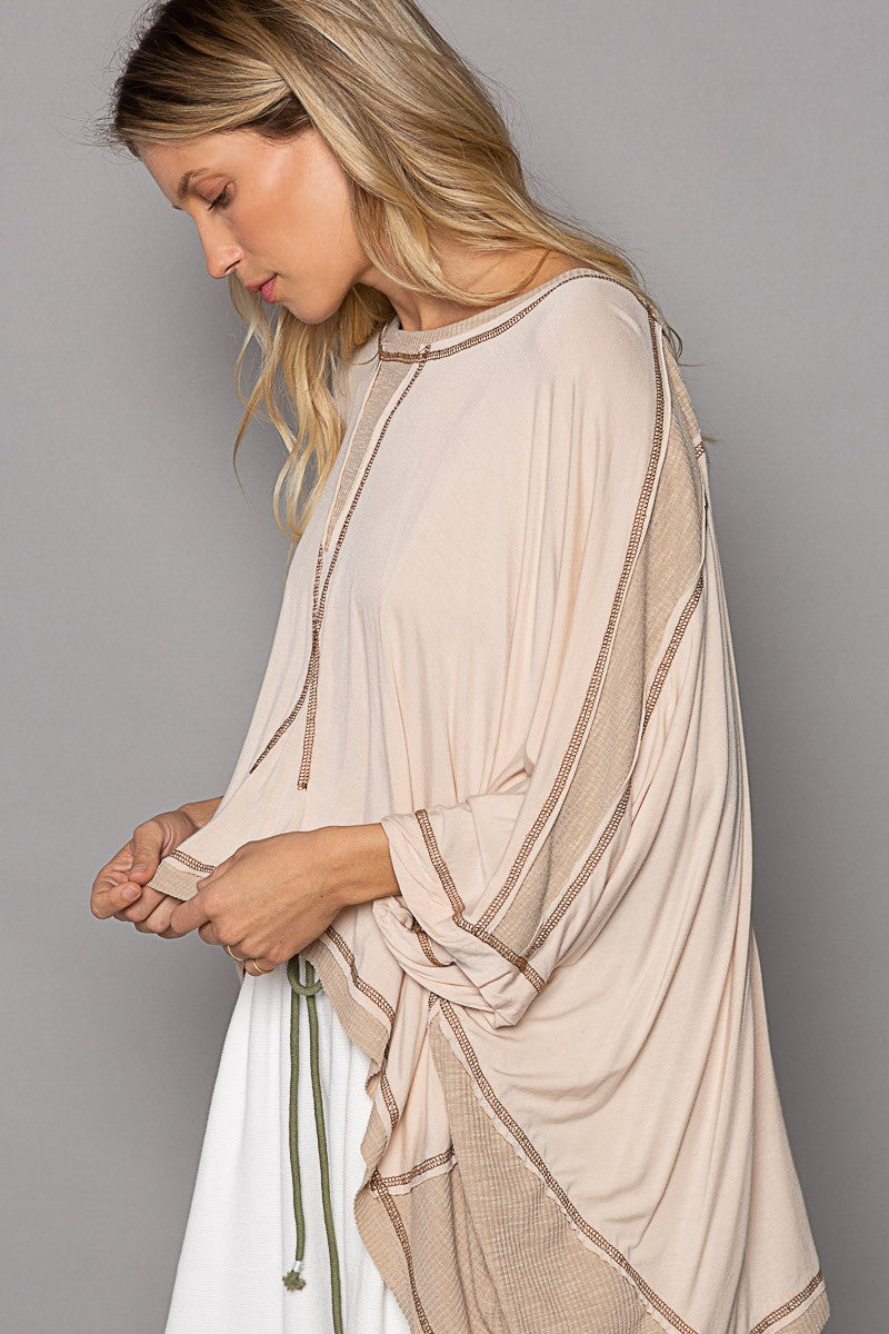 POL Oversized Round Neck Contrast Color Knit Top