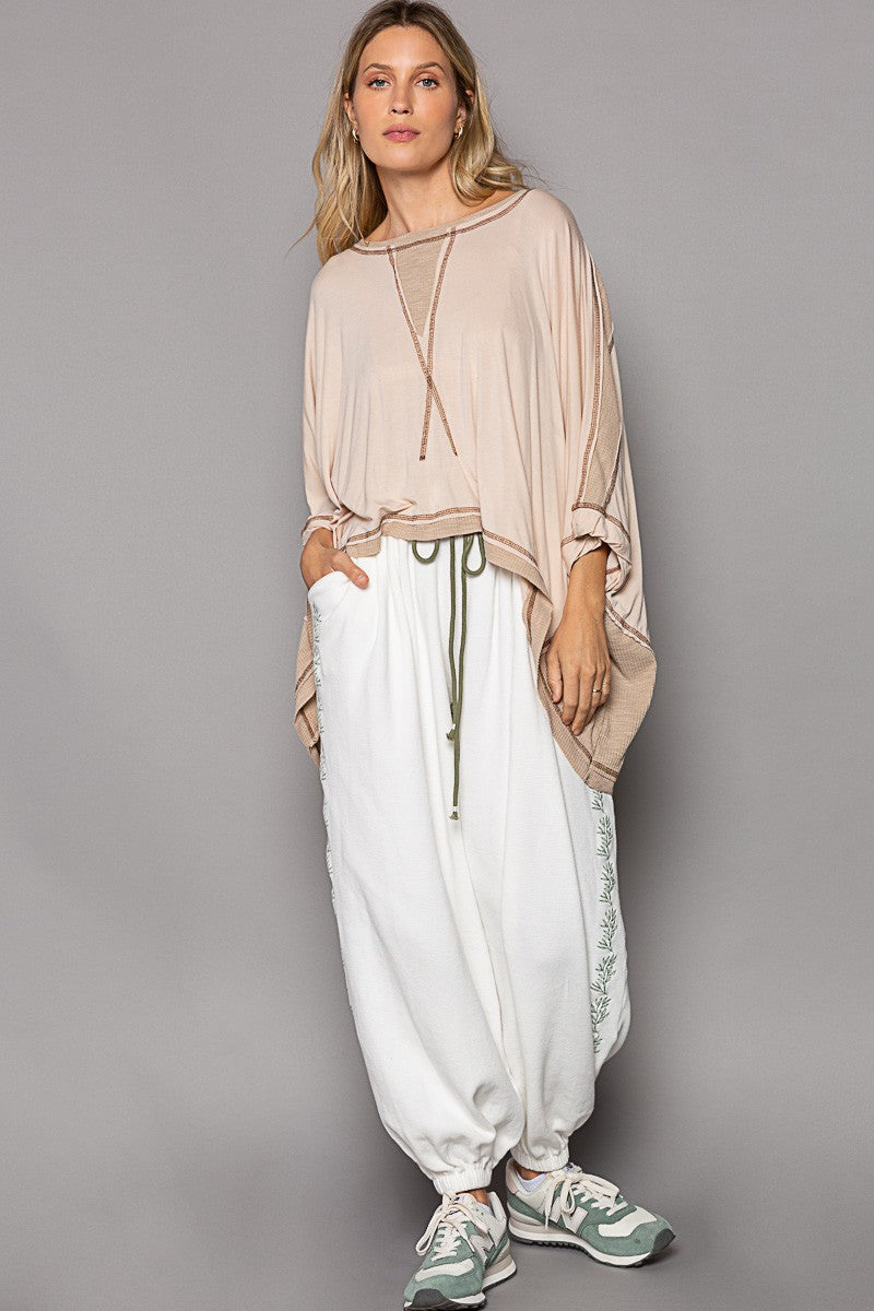 POL Oversized Round Neck Contrast Color Knit Top