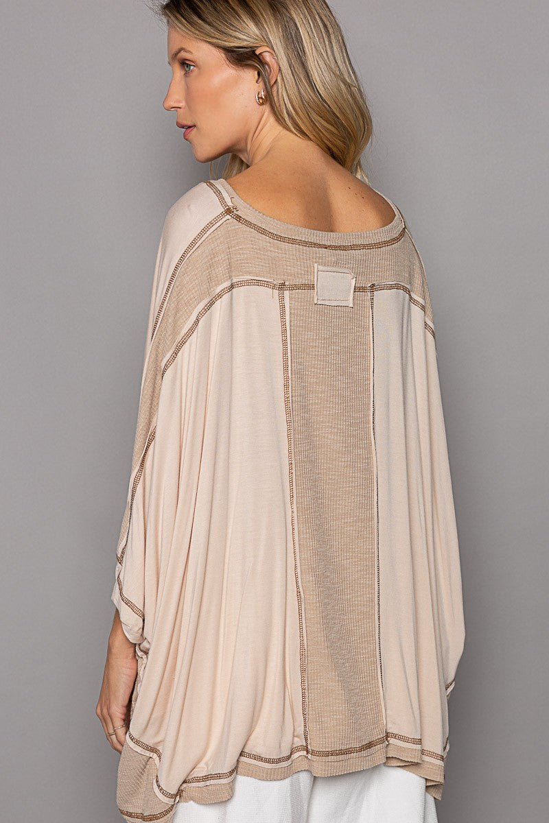 POL Oversized Round Neck Contrast Color Knit Top