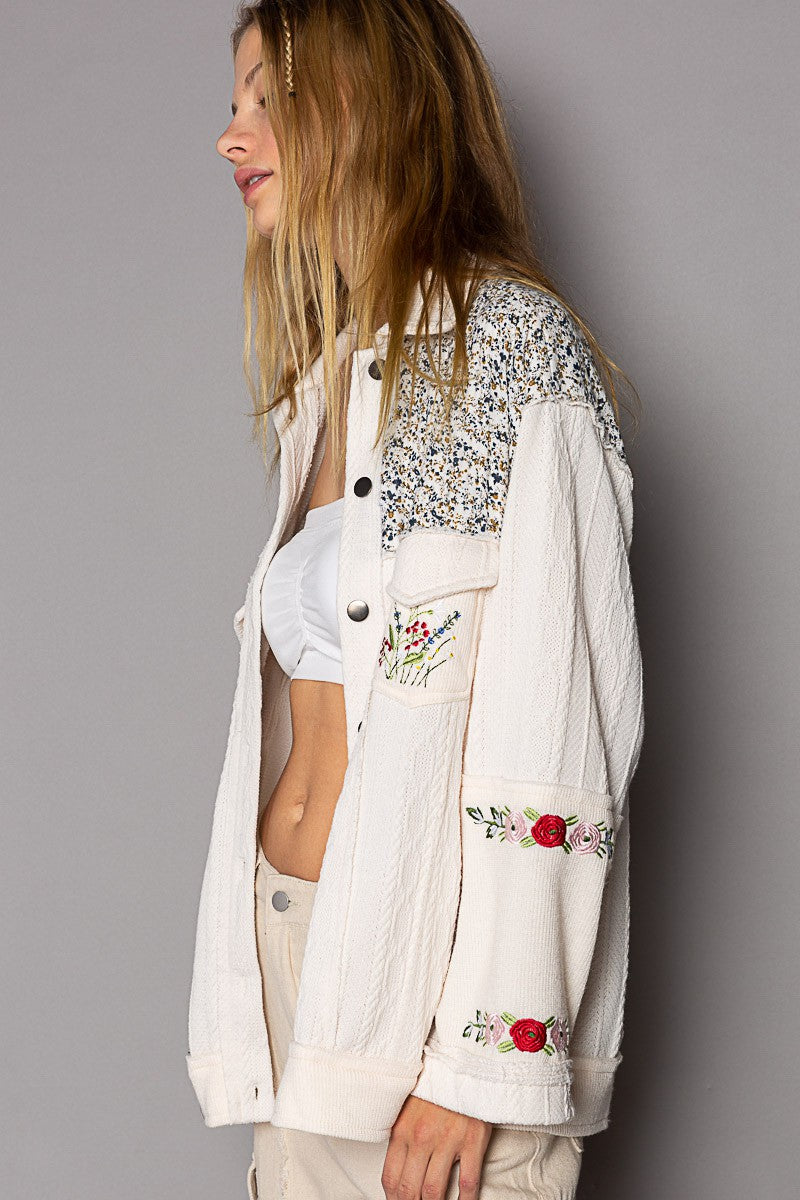 POL Vintage Floral Print Patch Button Down Jacket