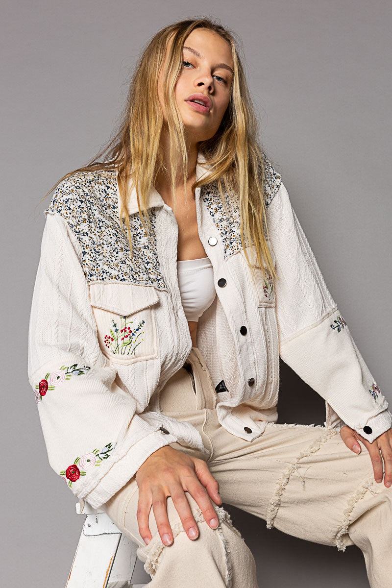 POL Vintage Floral Print Patch Button Down Jacket - Roulhac Fashion Boutique