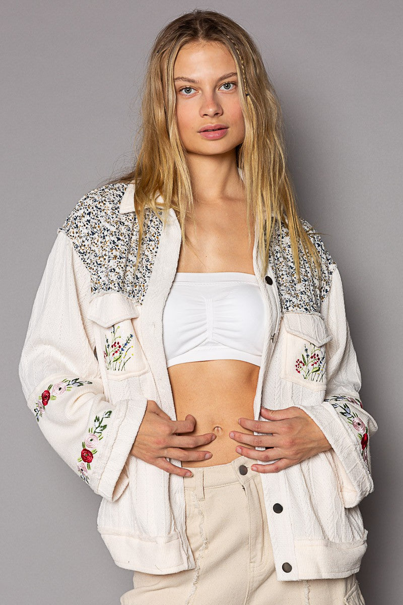 POL Vintage Floral Print Patch Button Down Jacket - Roulhac Fashion Boutique