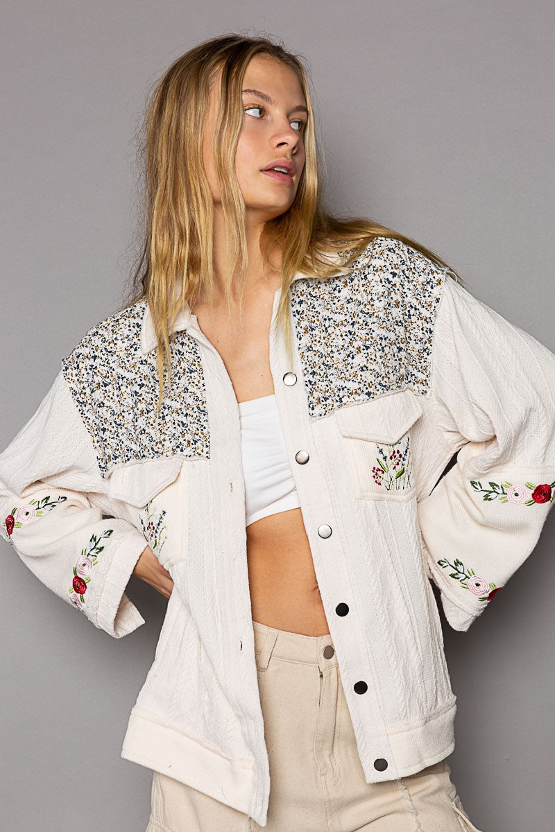 POL Vintage Floral Print Patch Button Down Jacket - Roulhac Fashion Boutique