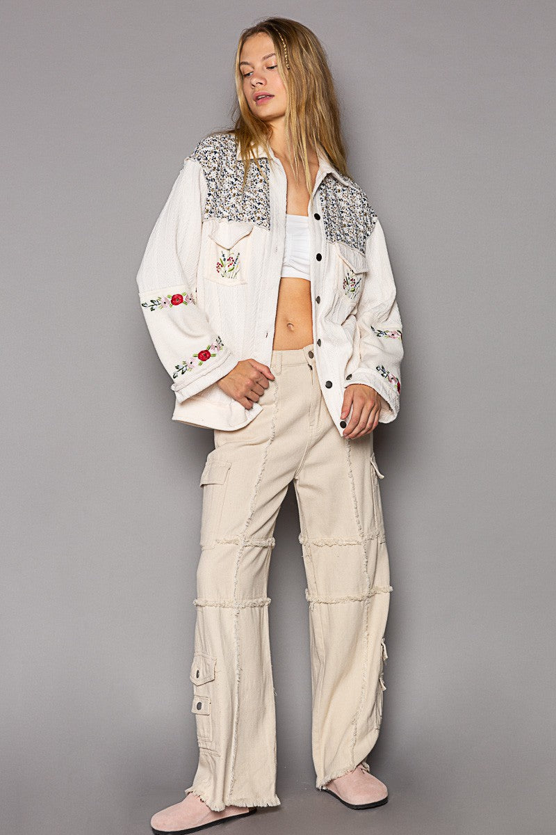POL Vintage Floral Print Patch Button Down Jacket