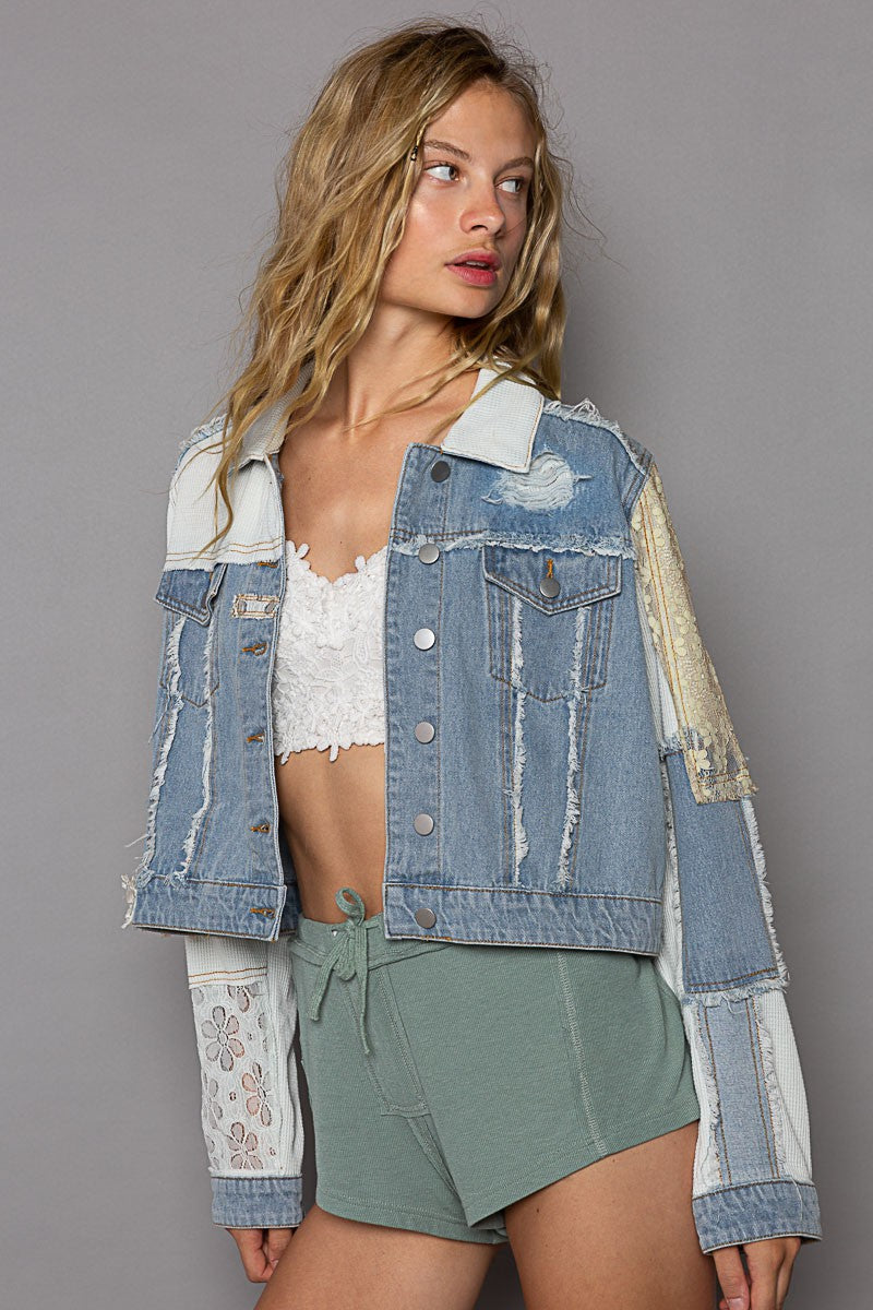 POL Distressed Button Down Regular Fit Crop Frayed Edge Denim Jacket - Roulhac Fashion Boutique